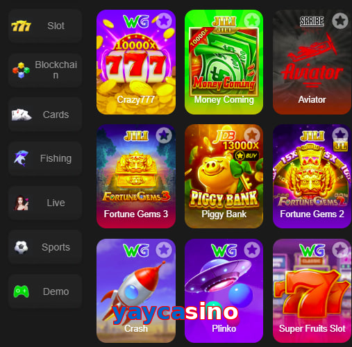 Main screen of Yaycasino game page for PK players